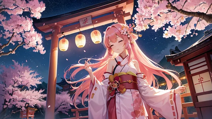 ((High resolution, pink hair, long hair, shrine maiden)) ((Japanese musical instrument, transverse flute, mysterious, cherry blossoms, butterfly, night, Japanese style, shoulder, shining aura)) (pray, eyes closed), moon, stars, spring