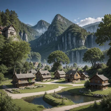 Large village in a mystical world near a forest where the houses are beautiful and modernized, there is a resemblance to current times in them. HD realistic image. Fantasy world, stone houses.