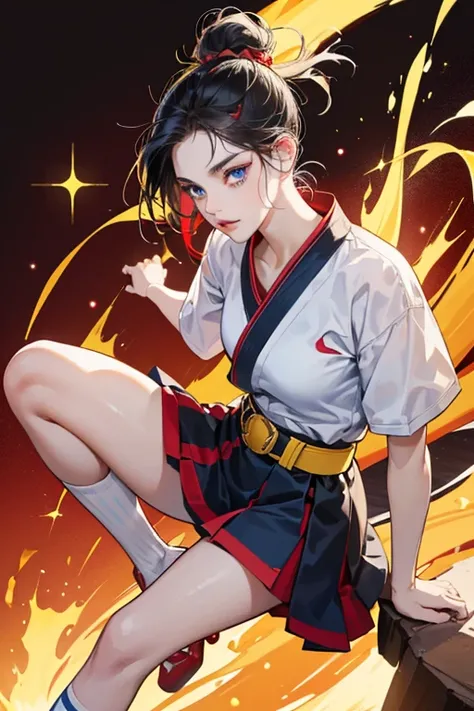 Blackbelt has pale skin, navy blue eyes, and a beauty spot underneath her right eye. Her hair has red and black stripes, and is worn in two buns that are tied with yellow bands. She wears a red karate outfit with a yellow belt, white socks, and black balle...