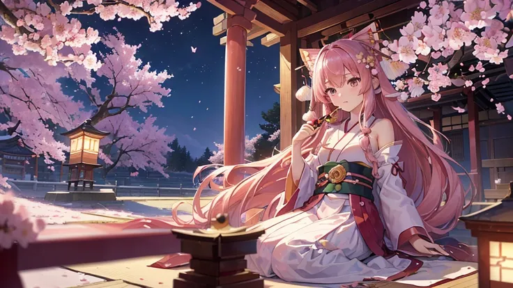 ((high resolution, pink hair, long hair, shrine maiden)) ((horizontal flute, mysterious, cherry blossoms, butterfly, night, Japanese style, shoulder, shining aura)) (performance), moon, stars, spring