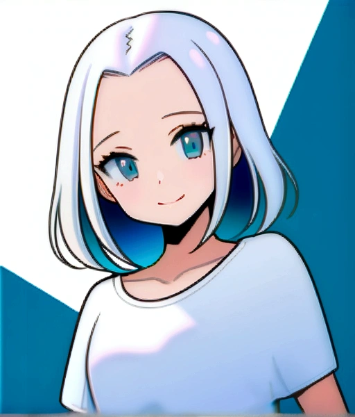  One girl, whitish eyes,center parted hair、forehead,sholder length hair、medium hair、white hair、T-Shirts,(crop top navel:0.8)、gentle smile、Very sexy、upper body,from front,
