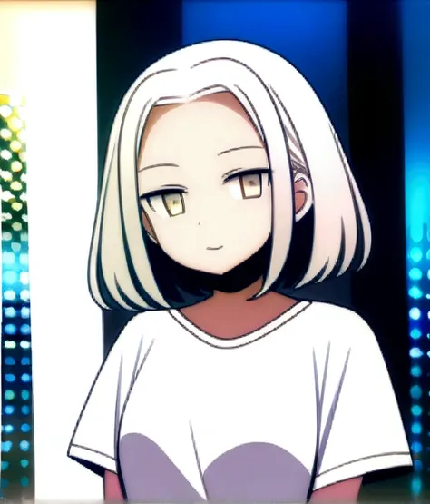  One girl, whitish eyes,center parted hair、forehead,sholder length hair、medium hair、white hair、T-Shirts,(crop top navel:0.8)、gentle smile、Very sexy、upper body,from front,
