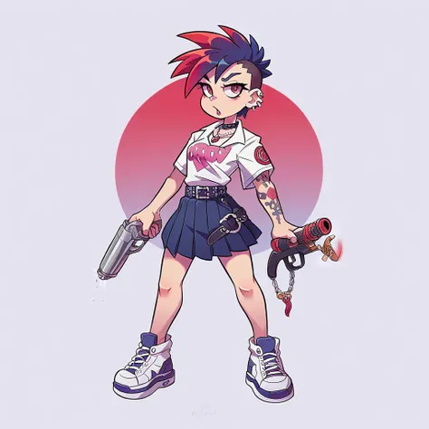 gas mask with red lenses, white shirt with pink buttons, dark blue pleated skirt, punk belt, holding a magnum revolver, tattooed arms and legs, white sneakers, necklace with kawaii rabbit pendant, in the background several zombies standing looking, punk im...