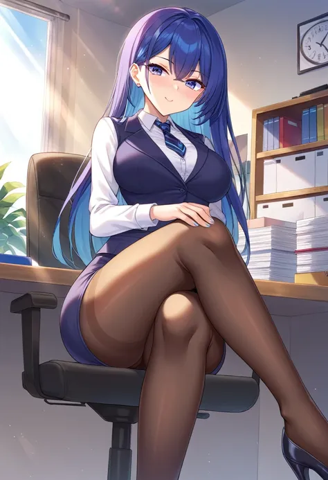 Crossed legs,Office,Pantyhose, rays of light, elegance face