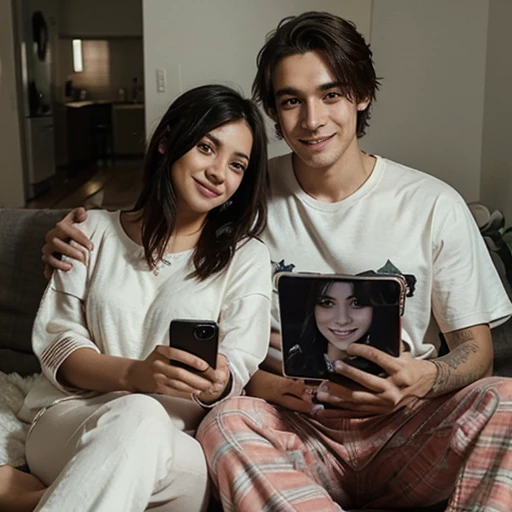 Emo couple, she is Mexican, he is Polish, instagram photo, looking happy Looking at the camera with pajamas comfy looking at followers on video call tender photo pretty eyes 