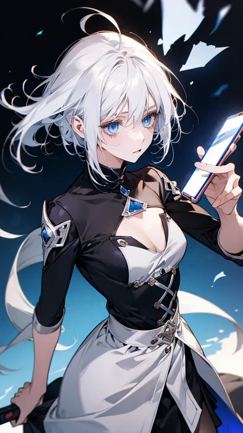 Anime girl with white hair and blue eyes holding a mobile phone, from Girls&#39; Frontline, Girls&#39; Frontline style, Girls&#39; Frontline cg, Fine details. Girls&#39; Frontline, Kantai Collection Style, Girls&#39; Frontline universe, Girls&#39; Frontlin...