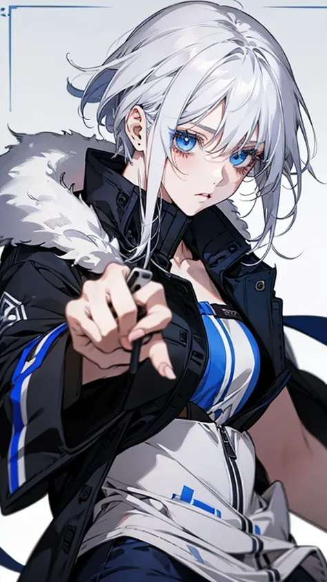 Anime girl with white hair and blue eyes holding a mobile phone, from Girls&#39; Frontline, Girls&#39; Frontline style, Girls&#39; Frontline cg, Fine details. Girls&#39; Frontline, Kantai Collection Style, Girls&#39; Frontline universe, Girls&#39; Frontlin...