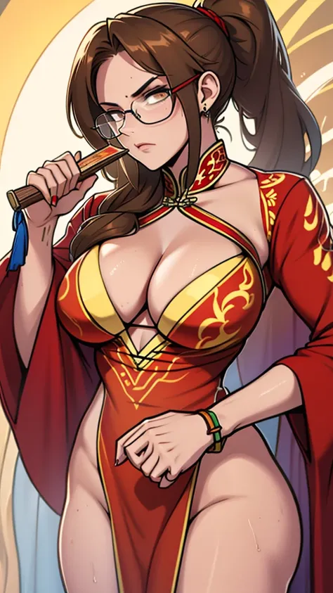 High detailed, 1 girl, sienna-brown colored long hair, top ponytail,  Beige colored eyes, slim-glasses, busty, chunky body, red Long dress cleavage, serious face, holding a chinese fan