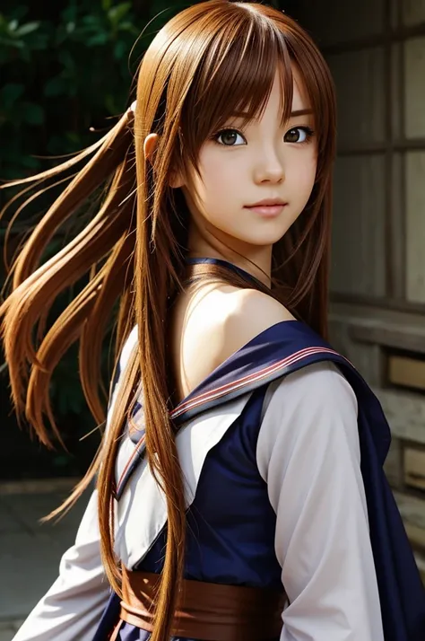 "Generate an image of Asuna Yukki, a character from the anime &#39;Sword Art Online&#39;. Asuna is a young woman with long light brown hair., that falls in a stripe on his forehead. His eyes are large and hazel, and has soft and expressive features. Asuna ...