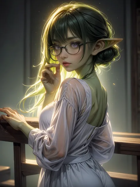 ((best quality)), ((masterpiece)), (detailed), perfect face, beauty headshot of a 3 foot tall girl wearing white button down shirt, ((green skin)), pointy ears, wearing black rimmed glasses, short dark green hair, dynamic lighting, purple eyes, detailed ey...