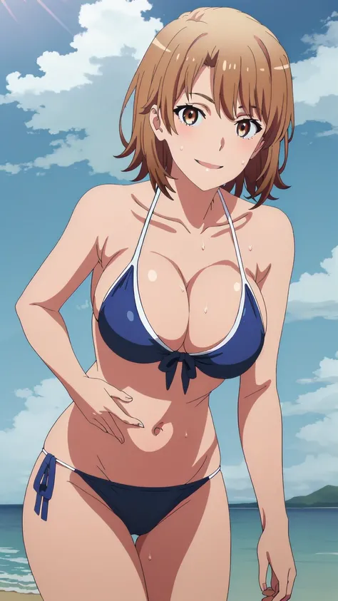 Highest quality, masterpiece, High resolution, alone, {Isshiki_ABC_yahariorenoseishunlovecomewamachigatteiru:1.15}, brown_hair, short_hair, brown_eye, One girl, 前hair, Smiling, looking at the viewer, blue theme, blue background, cloudy sky, sunlight, sweat...