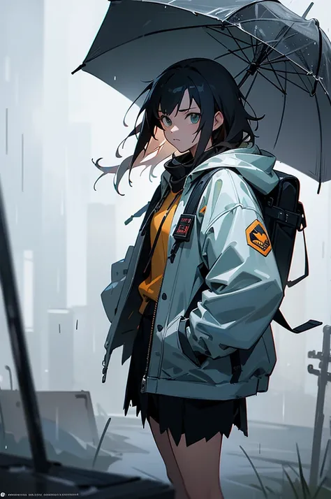 1girl, jacket, rain, outdoor, hoodie, open jacket, chain, backpack, looking at another, messy hair, trending on artstation, 8k resolution, highly detailed, anatomically correct, sharp image, digital painting, concept art, trending on pixiv, style of makoto...