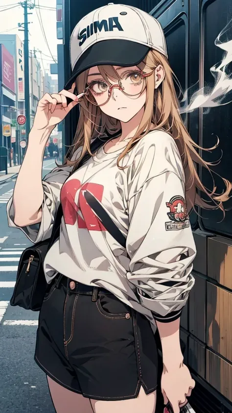 Anime Girls Wearing glasses and a baseball cap smoking a cigarette, Anime Girls, (Anime Girls), an Anime Girls, cute Anime Girls, in an Anime Style, Style Anime, young Anime Girls, As an anime character, Anime Style, portrait Anime Girls, Anime atmosphere,...