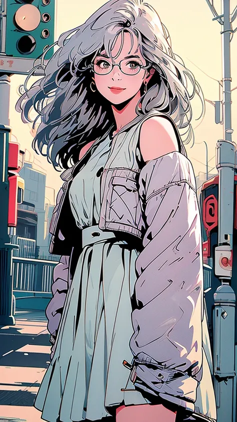 whole body, Upper Body、One beautiful woman, 4k, Shoulders stick out、pedestrian crossing、Signal 、intersection、Complex background、Silver Hair、One Length、Detailed Hair、smile、Glasses