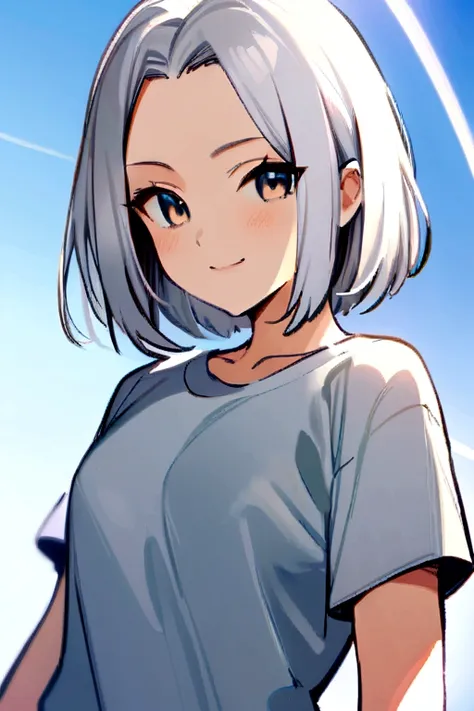 masterpiece, Highest quality, One girl, whitish eyes,center parted hair、forehead,sholder length hair、medium hair、white hair、T-Shirts,(crop top navel:0.8)、gentle smile、Very sexy、upper body,from front,
