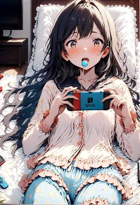  3 gamer girls , 3ds , lollipop in the mouth , Brown hair , pajamas , lying on her bed , long hair , short black hair , long blue hair , playing 3 with a nintendo switch , TV 