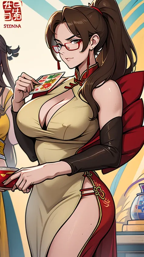 High detailed, 2 chinese girls, sienna-brown colored long hair, top ponytail,  Beige colored eyes, slim-glasses, busty, chunky body, red Long dress cleavage, serious face, holding a chinese fan