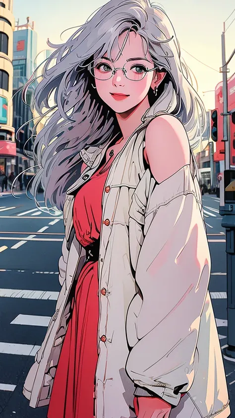 whole body, Upper Body、One beautiful woman, 4k, Shoulders stick out、pedestrian crossing、Signal 、intersection、Complex background、Silver Hair、One Length、Detailed Hair、smile、Glasses