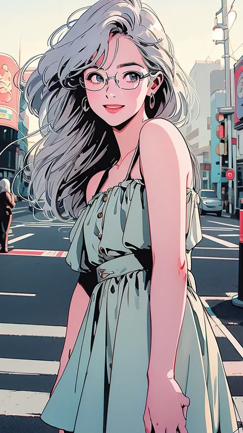 whole body, Upper Body、One beautiful woman, 4k, Shoulders stick out、pedestrian crossing、Signal 、intersection、Complex background、Silver Hair、One Length、Detailed Hair、smile、Glasses