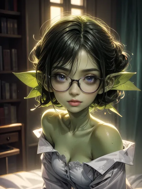 ((best quality)), ((masterpiece)), (detailed), perfect face, beauty headshot of a 3 foot tall girl wearing white button down shirt, ((green skin)), pointy ears, wearing black rimmed glasses, short dark green hair, dynamic lighting, purple eyes, detailed ey...