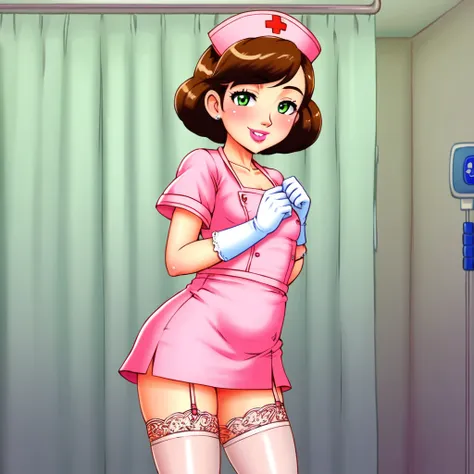 slutty floozy 1girl , solo, whore floozy sleazy lacivious nurse lingerie using pantyhoose, nurse cap, low pink wear, ((low ping legwear, zettai ryouiki)), white gloves,extremely detailed lace lingerie, drooping eyes, pink lips, smile, standing, ((hospital ...