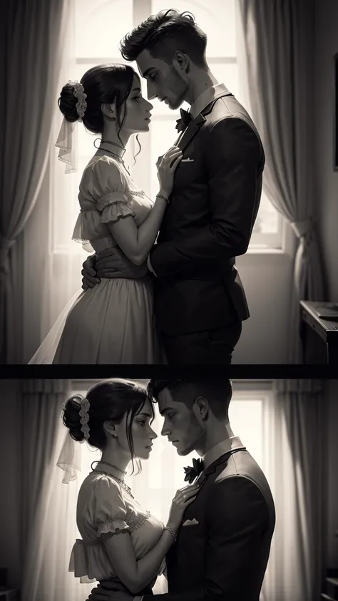 man and woman facing each other hugging, with a passion rose covering the entire scene in the background, with the background of the scene in black and white vintage style, 8k