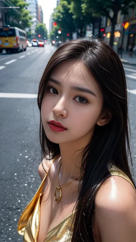 one girl,Beutiful women, zoom in, At the street, wear a sweat,long hair, wear a golden necklace, raise the corners of the mouth,random pose, emotional, Blur everything other than the subject