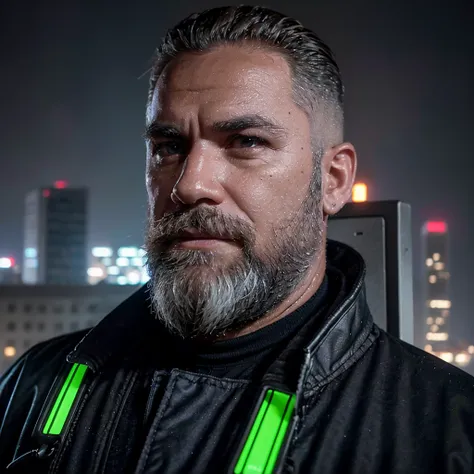 Ultra-realistic RAW portrait of a 50-year-old man with a large beard and short military-style hair, reimagined in a cyberpunk setting. He is wearing futuristic attire of a post-apocalyptic cyberpunk warrior. The scene takes place in a city with neon-lit sk...