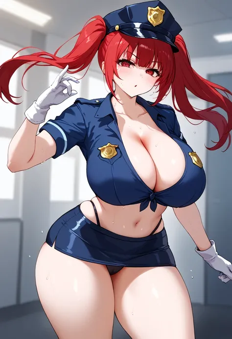 twintails, red eyes, micro pencil skirt, police shirt, cleavage, breasts, sweating, thighs,thicc, curvy body, white gloves, police cap, standing, dynamic pose