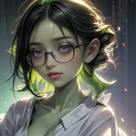 ((best quality)), ((masterpiece)), (detailed), perfect face, beauty headshot of a 3 foot tall girl wearing white button down shirt, ((green skin)), pointy ears, wearing black rimmed glasses, short dark green hair, dynamic lighting, purple eyes, detailed ey...