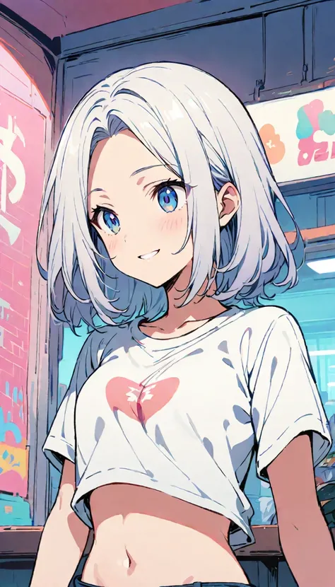 masterpiece,Extremely detailed CG unified 8k wallpaper,masterpiece, Highest quality, One girl, whitish eyes,center parted hair、forehead,sholder length hair、medium hair、white hair、T-Shirts,(crop top navel:0.8)、gentle smile、Very sexy、upper body,from front,
