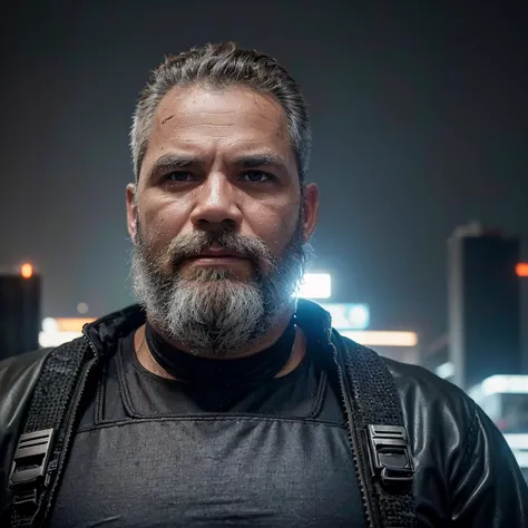 Front View, Ultra-realistic RAW portrait of a 50-year-old man with a large beard and short military-style hair, reimagined in a cyberpunk setting. He is wearing futuristic attire of a post-apocalyptic cyberpunk warrior. The scene takes place in a city with...