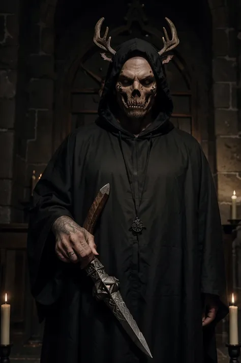 A scarred bald man, wearing a deer skull mask and black robes with satanic imagery, holding a curved blade over a pentagram in a dark church while a hooded congregation watches