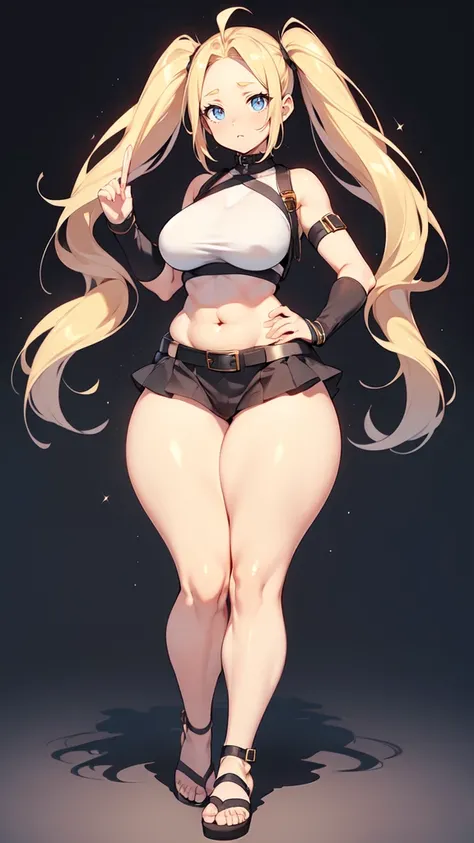 blank background, (((full body))), (masterpiece), ((best quality)), flat chest, (forehead), short twintail, (wide hips:1.6), (thick thighs:1.4), (very short skirt), sandals, belt below navel, fanny packs, blonde