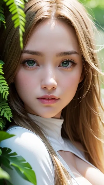 Strong light, Strong contrast, In an open-roofed cave、Sunlight shines through green moss and ferns。, And open( Ocean View:1.1) end, Cel-shaded rendering, 4K, 360 degrees, Equirectangular projection, what, One Girl, 30-year-old woman､Beautiful woman､Long Bl...