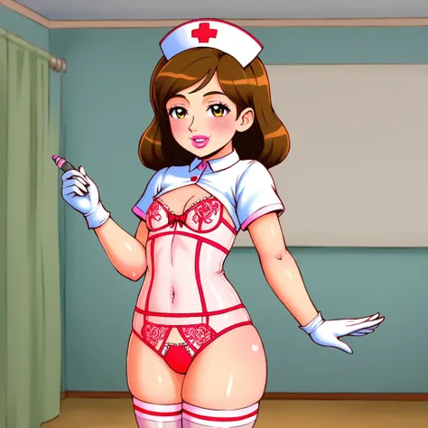 slutty floozy 1girl , solo, whore floozy sleazy lacivious nurse lingerie using pantyhoose, nurse cap, low pink wear, ((low ping legwear, zettai ryouiki)), white gloves,extremely detailed lace lingerie, drooping eyes, pink lips, smile, standing, ((hospital ...