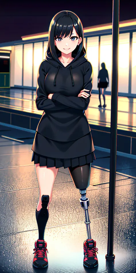 best quality, 1girl, solo, standing, train station, train station at night, rainy, rainy station, medium hair, black hair, straight hair, looking at viewer, medium breasts,  (prosthetic leg:1.2), full body, smiling, (skirt:1.2), sneakers, lycra skirt, over...