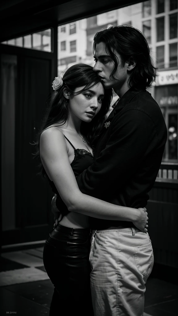 man and woman facing each other hugging, with a passion rose covering the entire scene in the background, with the background of the scene in black and white vintage style, 8k