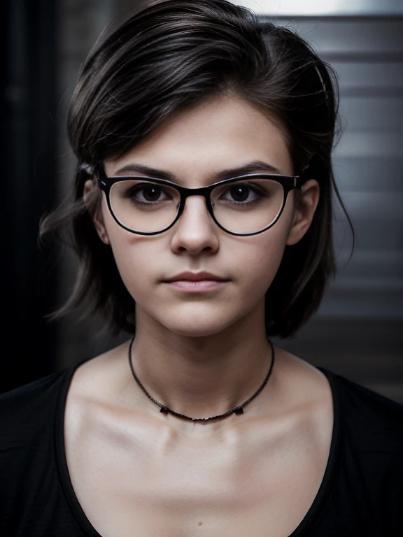 Full-length photo portrait of a young chubby Russian punk girl in glasses, 22 years old with aesthetic small breasts with beautiful erect nipples, corneal reflections, whole body, Detailed human skin texture, fuzz on the skin, beautiful elastic body, aesth...