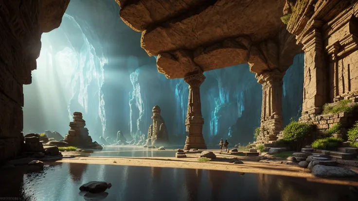 a fantasy adventure in a cave, mysterious ancient ruins, ethereal light beams, dramatic shadows, intricate carvings on the walls, a lone explorer with a torch, (best quality,4k,8k,highres,masterpiece:1.2),ultra-detailed,(realistic,photorealistic,photo-real...