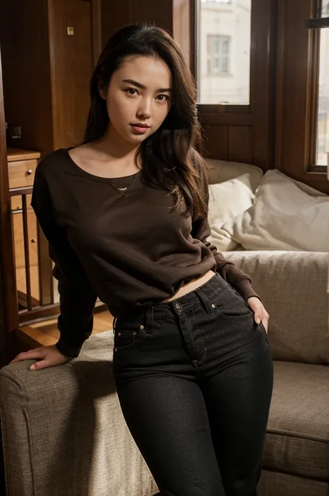 Jessica Henwick, brown sweatshirt, black jeans