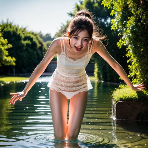 (8K TopQuality masterpiece: 1.2)(Realistic ProfessionalPhoto:1.37), VolumetricLighting. Tiny Girls, (((girl jumping into the water)))、Falling、splash water、shout、Luminous water surface、White and Bright colors, back lighting, Radiant PearlSkin with Transpare...