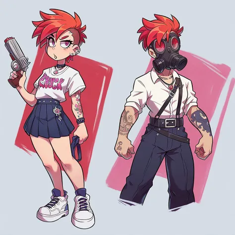 gas mask with red lenses, white shirt with pink buttons, dark blue pleated skirt, punk belt, holding a magnum revolver, tattooed arms and legs, white sneakers, necklace with kawaii rabbit pendant, in the background several zombies standing looking, punk im...