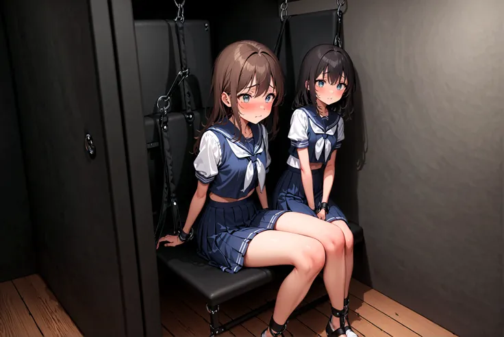 2 girls, ((inside tiny room, strapped to chairs)), (sitting:1.5), (bondage chair:1.5), (blushing:1.5), (open legs:1.5), ((baseme...