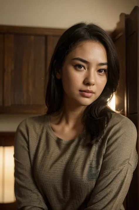 Jessica Henwick, beautiful woman, brown sweatshirt, black jeans, beautiful detailed eyes, beautiful detailed lips, extremely detailed face, medium shot, looking at camera, relaxed expression, indoor setting, warm lighting, photorealistic, (best quality,4k,...