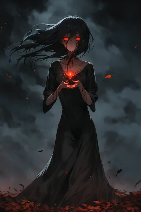 A very pal humanoid character, flying in the dark sky, she is evil, she is skinny, decay, red glowing eyes, fear, terror, frightening, sick, unusually thin, thin, she has long straight black hair, she is wearing a black dress, she is covered in dirt, her d...