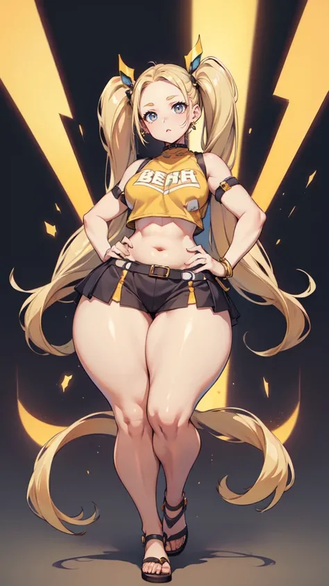 blank background, (((full body))), (masterpiece), ((best quality)), flat chest, (forehead), short twintail, (wide hips:1.6), (thick thighs:1.4), (very short skirt), sandals, belt below navel, fanny packs, blonde