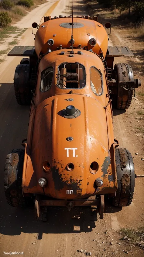 Create An old rusty Military Tank with a Orange “T” painted on it. 