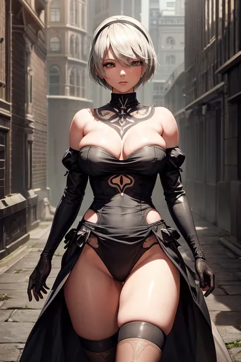 crie uma arte da personagem 2B do jogo Nier: Automata, sem mascara no rosto, em uma cena de combate, UHD, masterpiece, anatomically correct, textured skin, best quality, highres