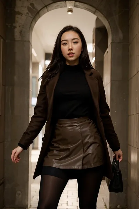 Jessica Henwick, brown coat, tight black skirt, black tights